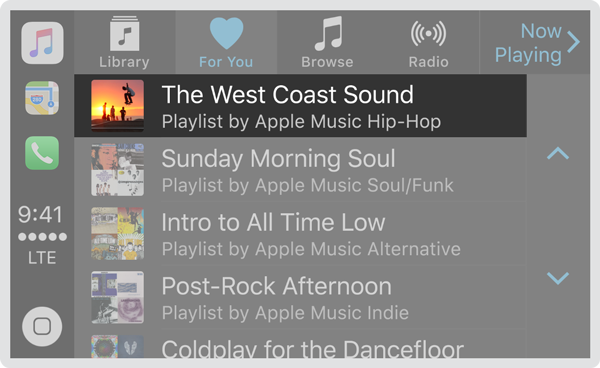 Screenshot of the Music app in CarPlay showing a list of Apple-recommended playlists in a table. One row of the table, which contains album cover art on the left, and a left-aligned title and subtitle in the middle, is highlighted.