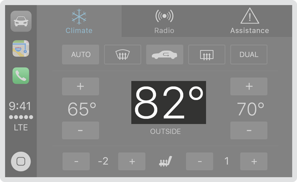 Mockup of an automaker app displaying the outside temperature in a highlighted label.