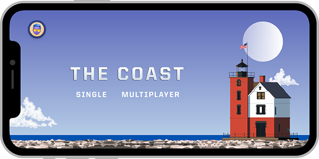 Screenshot of the main menu screen of the game called The Coast, shown in landscape on iPhone. The menu screen shows the collapsed access point in the upper-left corner, the title in the middle of the screen, and the words Single and Multiplayer below the title. The access point shows only the player avatar.