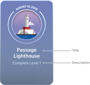 Image of a single completed achievement card that shows a lighthouse in the circular frame, the title Passage Lighthouse, and description Complete Level one. Callouts indicate the positions of the title and description, which appear below the image.