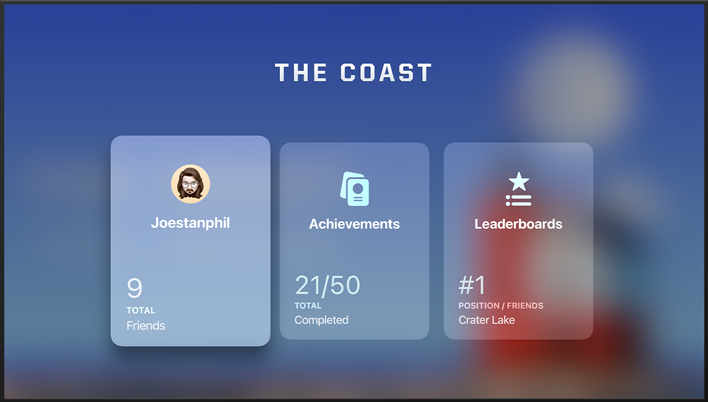 Screenshot of the Game Center dashboard on Apple TV that features a game called The Coast. The dashboard displays the profile, achievements, and leaderboards areas in a rounded rectangle or card shape.