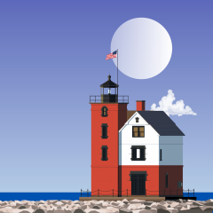 An image that features a red lighthouse and an attached red and white building. A rocky coast and some water is visible at the bottom of the image and a blue sky, the sun, and a cloud appear behind and above the buildings.