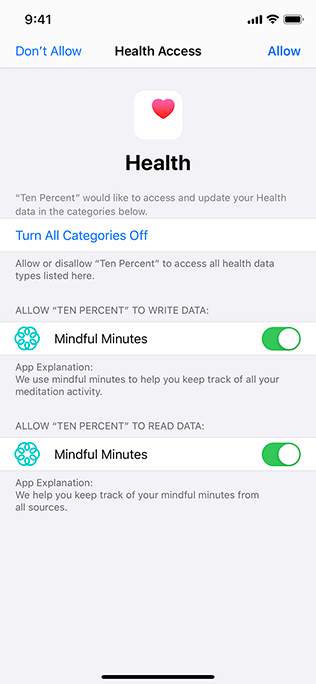 Screenshot of the Health Access screen, in which the user has given an app named Ten Percent the ability to write and read data for mindful minutes.