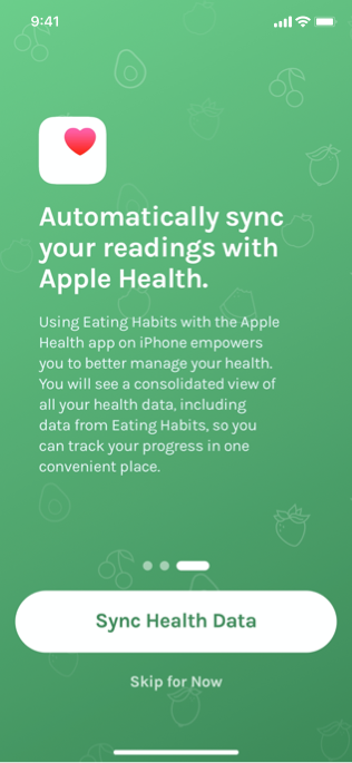 Screenshot of an onboarding screen for an app named Nutro, which displays the Apple Health icon and text that describes how syncing health data from Nutro can help people manage their health. At the bottom of the screen is a Sync Health Data button and a Skip for Now button.