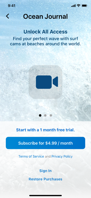 Screenshot of the Ocean Journal app running on iPhone that offers a 30-day free trial, followed by a paid subscription.
