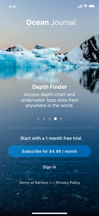 Screenshot of an app named Ocean Journal running on iPhone, and displaying an arctic ocean scene. In the top half of the screen, is the fourth of five page views, which describes one of the benefits of subscribing. Below the page view area is text that reads Start with a 30 day free trial. Below the text is a button with the title Subscribe for $4.99 per month, a Sign In button, and links to the terms of service and privacy policy.