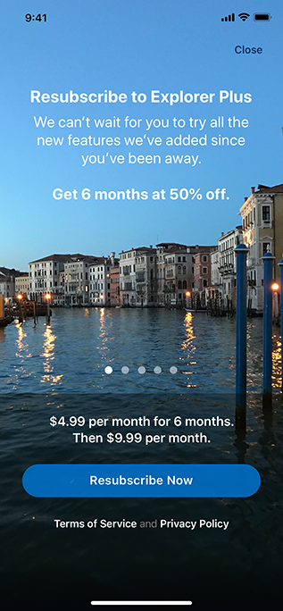 Screenshot of an app running on iPhone that offers lapsed subscribers six months at fifty percent off when they resubscribe.
