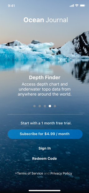 Screenshot of the Ocean Journal app’s free trial screen on iPhone. Near the bottom of the screen, a button titled Redeem Code is displayed below the Sign In button.