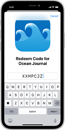 Screenshot of second system-provided code redemption screen for the Ocean Journal on iPhone. The top of the screen contains a large icon that shows purplish blue waves against a blue background. Below the icon is the label Redeem Code for Ocean Journal, and below the label is a text field in which a user has typed the letters X X M P C J Z. The keyboard is visible below the text field.