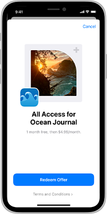 Screenshot of third system-provided code redemption screen for the Ocean Journal on iPhone. The top of the screen contains a photo of ocean waves among large rocks and a tree at sunset. A small version of the blue waves icon overlaps some of the lower-left corner of the photo. Below the photo is the label Unlock All Access to Ocean Journal in large dark text, and below the label in small gray text are the words Find your perfect shoreline with unlimited access. 1 month free, then $4.99 per month. At the bottom of the screen is a large blue button labeled Redeem Offer and below the button is a tappable link labeled Terms and Conditions.