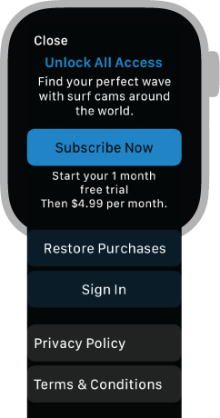 Screenshot of the Ocean Journal app running on Apple Watch, and displaying a modal view that describes how to unlock access to the app’s content and a Subscribe Now button. Below this description and button are four more buttons, which are Restore Purchases, Sign In, Privacy Policy, and Terms and Conditions.