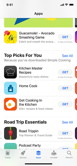 Screenshot of the Apps tab in the App Store app on iPhone, showing a list of apps under the title Top Picks for You and the attribution text Because you've downloaded Simple Cooking.