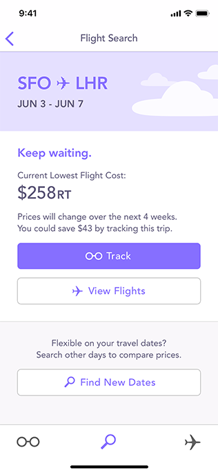 A screenshot of an iPhone app that helps people search for flights. The screen displays the current lowest cost and recommends that people wait for the price to come down over the next four weeks.
