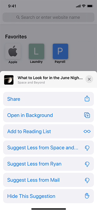 A screenshot of an iOS search results screen on iPhone with a sheet displayed on top of it. The sheet displays an item of suggested content and lists several options for expressing an opinion about the content, such as suggest less from Mail and hide this suggestion.
