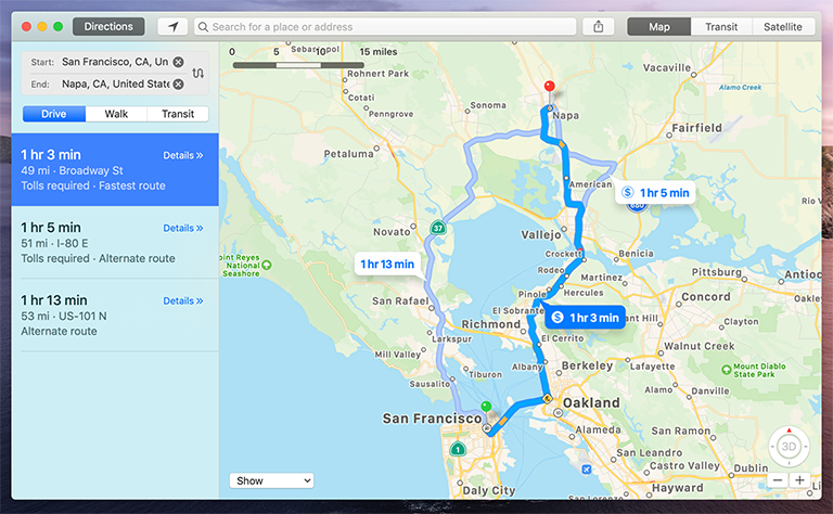 A screenshot of the Maps app on a MacBook Pro. The map shows three different routes between San Francisco and Napa.
