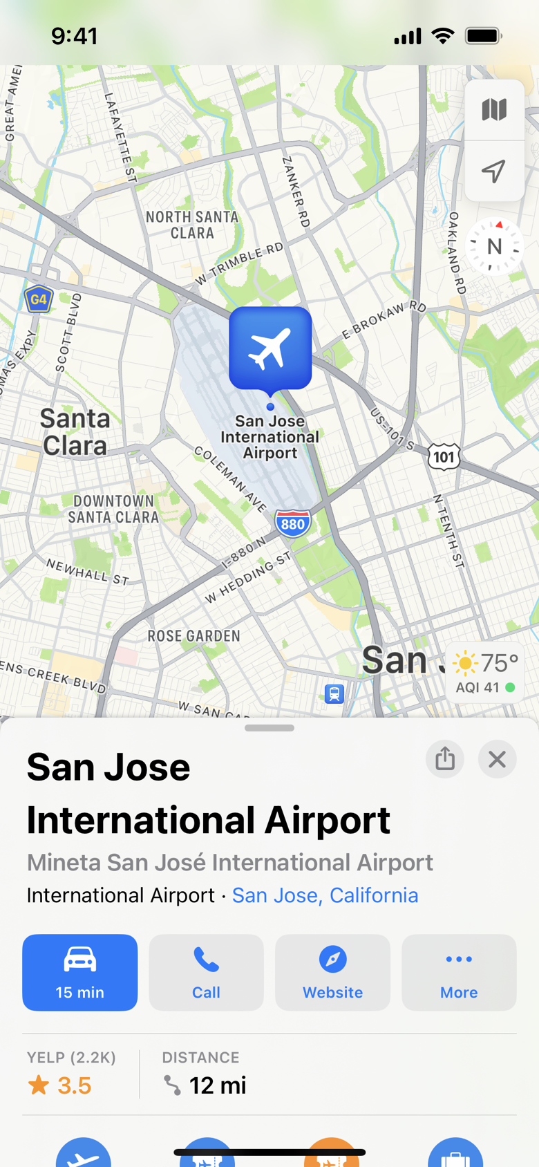 Screenshot of a map on iPhone, displaying the San Jose International airport and the surrounding area. A card in the bottom half of the screen displays the airport address, a Directions button, and icons that reveal more information about terminals, gates, restaurants, and so on.