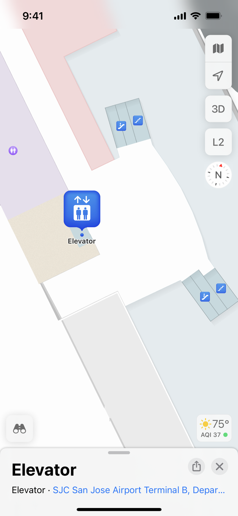Screenshot of a map on iPhone, zoomed in to show the location of an elevator in Terminal B of the San Jose International airport.