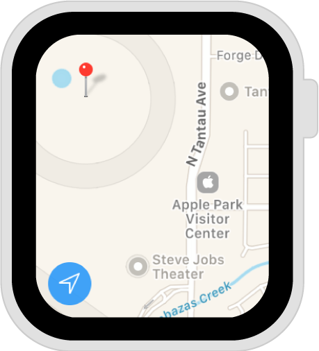 Screenshot of a map on Apple watch, displaying Apple Park and some of the surrounding area.