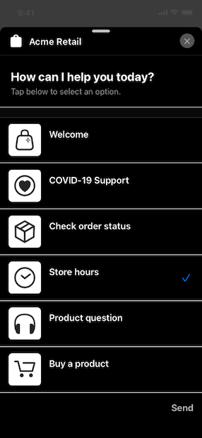 A screenshot of a list items people can choose to get more information. The customer has chosen to use dark mode on their iPhone.