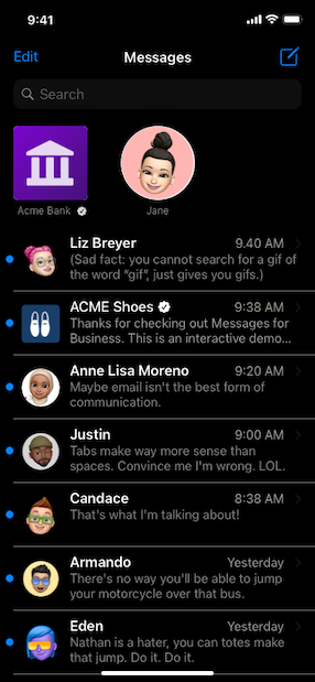 A screenshot of a square logo that appears to the left of a customer avatar with a messages list below them. There are two Messages for Business messages in the list.