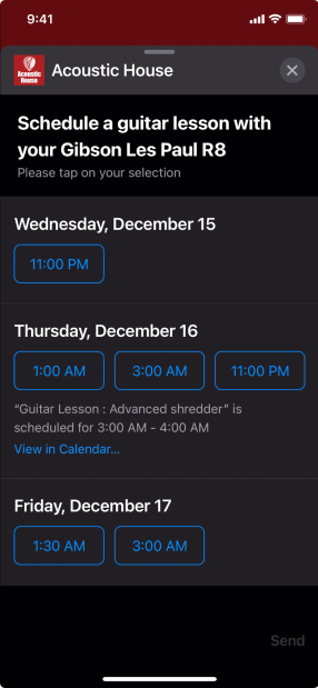 A screenshot of a list of available lesson times. The customer has chosen to use dark mode on their iPhone.