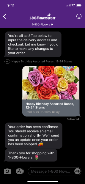 A screenshot of a wide logo that appears above a conversation about ordering a bouquet of roses. The customer has chosen to use dark mode on their iPhone.