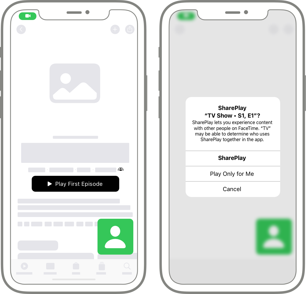 A pair of diagrams showing two phases of starting a group activity. On the left, the TV app’s Watch Now tab on iPhone lets people start a group activity. On the right, an alert appears that lets people share the experience or continue solo.