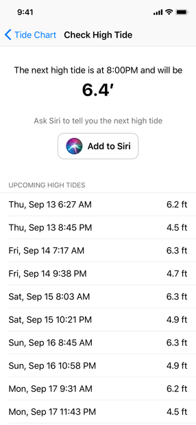 Screenshot of the Check High Tide screen in the Tides app, which describes the next high tide and displays the Add to Siri button below text that reads, Ask Siri to tell you the next high tide.
