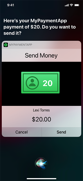 Screenshot of a payment intent provided by My Payment App that lets a customer send twenty dollars to a friend.