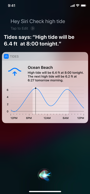 Screenshot of a custom view that shows details given by the Check high tide shortcut. Below text that describes the high tide is a graph, showing tide height on the Y axis and time of day on the X axis.