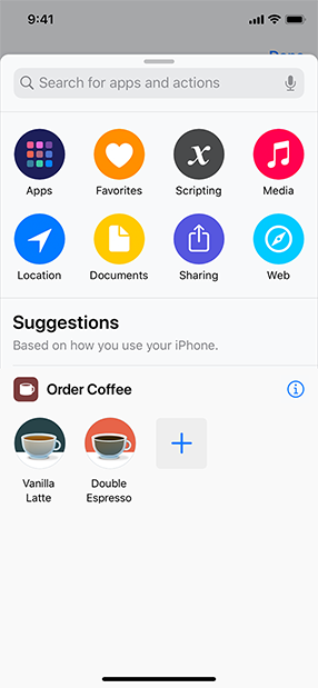 Screenshot showing the search for apps and actions view that can appear when users create a new shortcut in the Shortcuts app. The Order Coffee action appears after the Suggestions area, and displays two variations on this action, which are Vanilla Latte and Double Espresso.