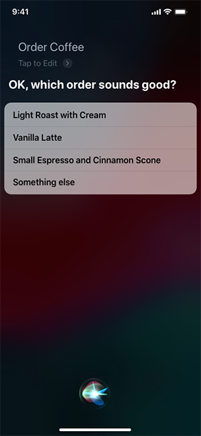 Screenshot of a shortcut called Order Coffee, which displays four order options from which the customer can choose.