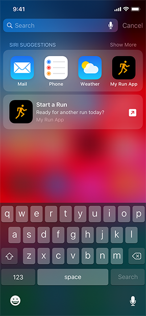 Screenshot of Siri Suggestions on the search screen. The My Run App suggestion displays the phrase: Ready for another run today?