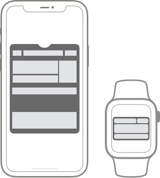 A diagram showing the wireframe layout for a pass on iPhone and on Apple Watch.