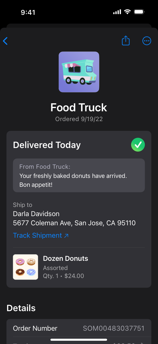 A screenshot of an order screen that displays the status Delivered Today and includes a custom message from the vendor and a link to track the order.
