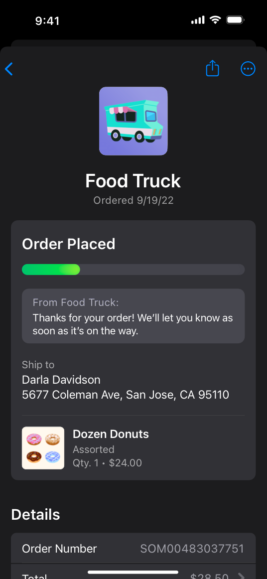 A screenshot of an order screen that displays the status Order Placed and includes a custom message from the vendor.