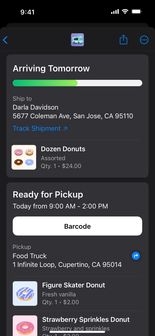 A screenshot of an order screen that includes a barcode for pickup and a pickup location.