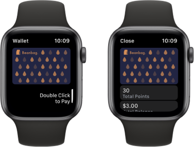 Two images of a store card in Wallet on Apple Watch. The front of the store card is on the left and the back of the card is on the right.