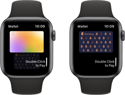 Two images of Wallet on Apple Watch. On the left, an Apple Card is the active payment card. On the right, a store card is the active payment card.