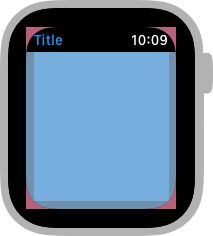 A diagram of a watch face showing a black rounded rectangle on top of a red rectangle of the same dimensions, leaving only the four corners of the red rectangle visible inside the black bezel. At the top of the black rounded rectangle, a navigation bar displays the word Title on the left and the time 10:09 on the right. Blue shading starts at the bottom of the navigation bar and extends to the bottom edge of the black rounded rectangle, indicating a safe area and narrow margins along both sides and the bottom edge.