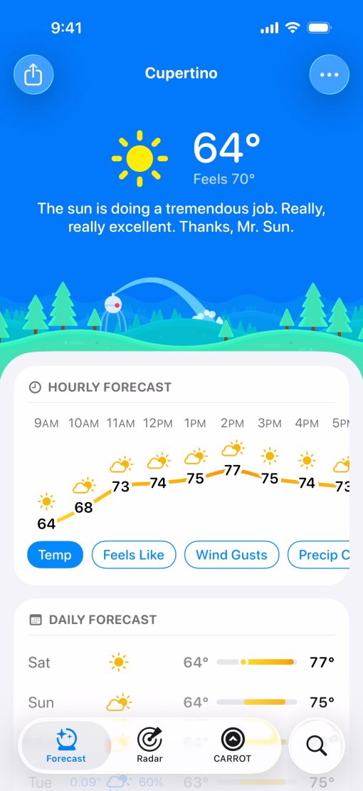采用 Liquid Glass 设计的“CARROT Weather”App