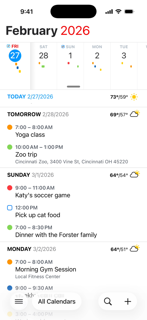 具有 Liquid Glass 底部工具栏的“Fantastical”App