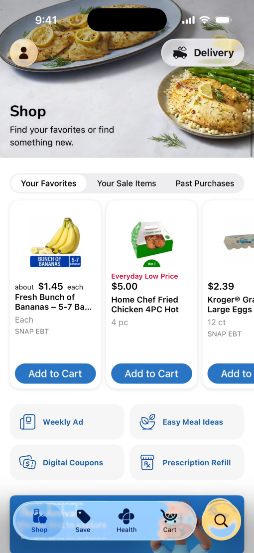 采用 Liquid Glass 设计的“Kroger”App