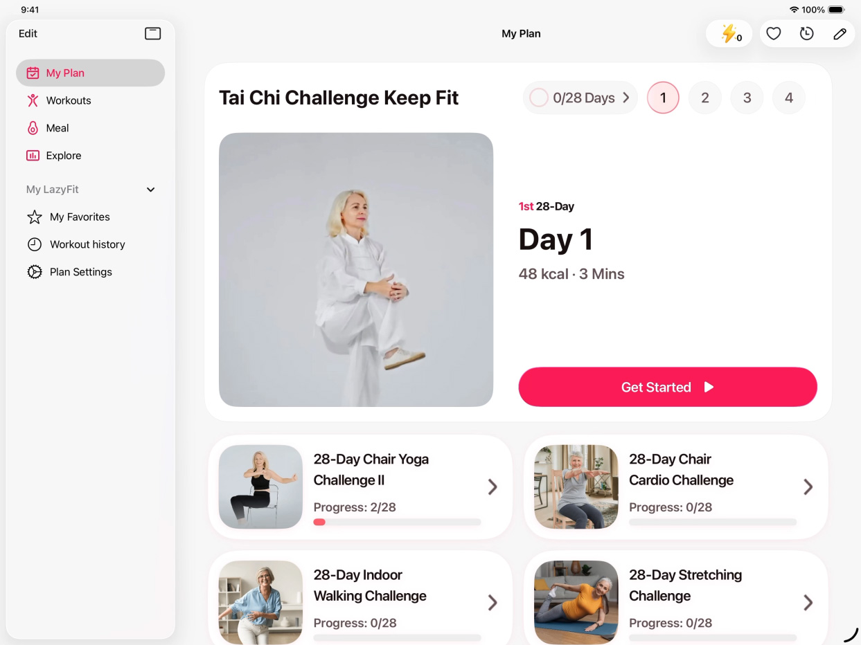 具有 Liquid Glass 悬浮标签页栏的 iPad 版“LazyFit”App