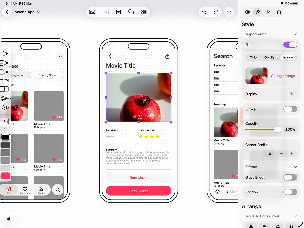 具有 Liquid Glass 检查器面板的“Mockup”原型设计 App
