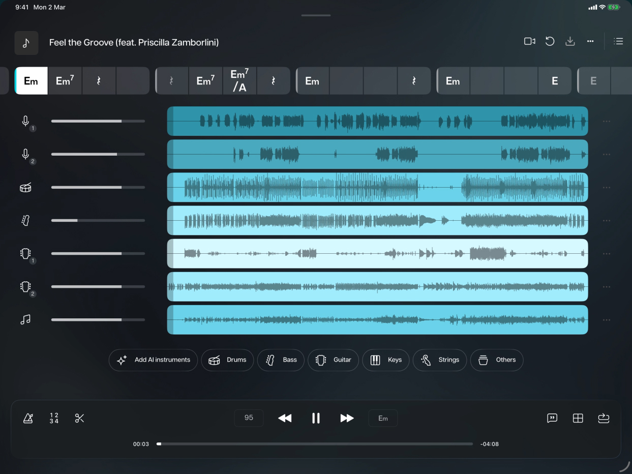 具有 Liquid Glass 播放控件的“Moises”App