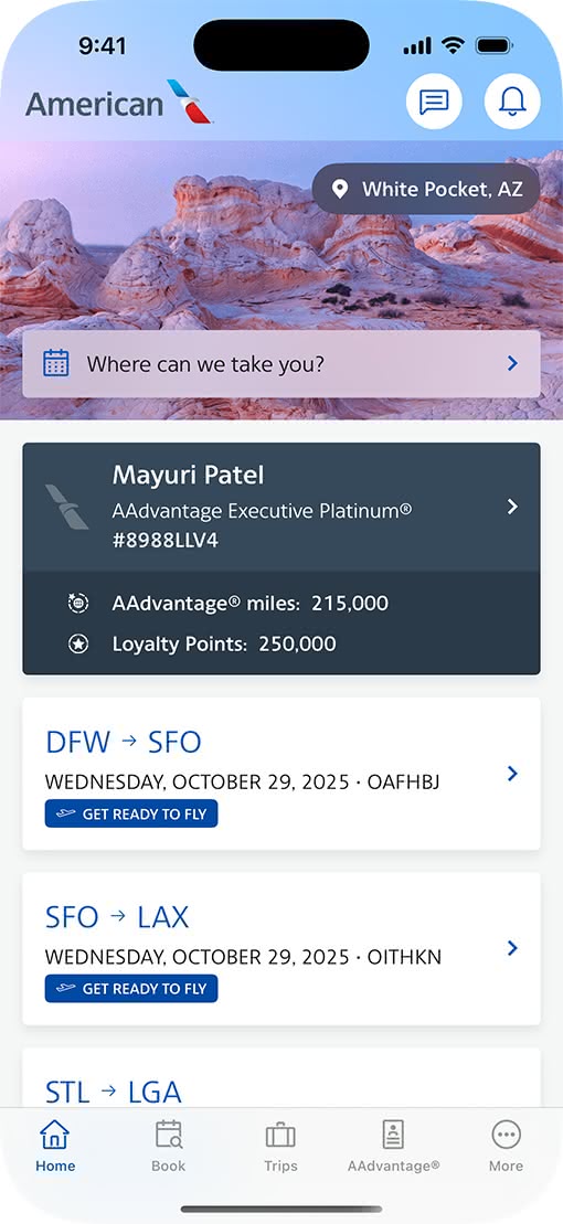 American Airlines app interface before redesign