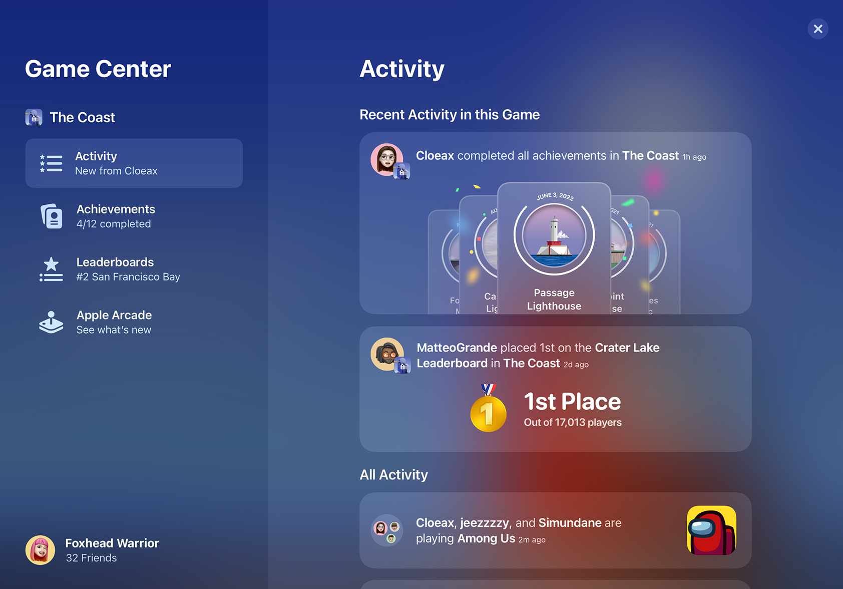 iPad Pro displaying recent Activity in Game Center