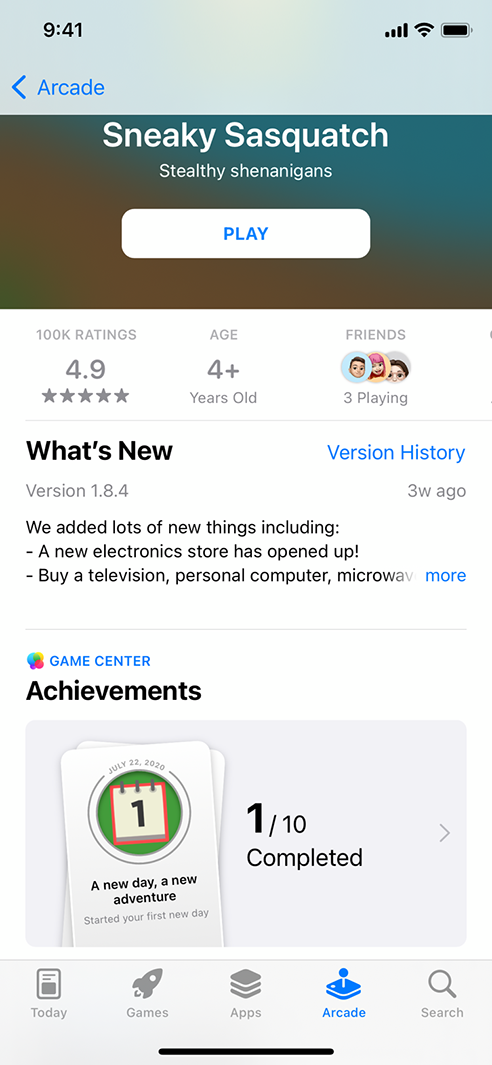 iPhone displaying an app product page featuring What’s New, and Game Center Achievements.