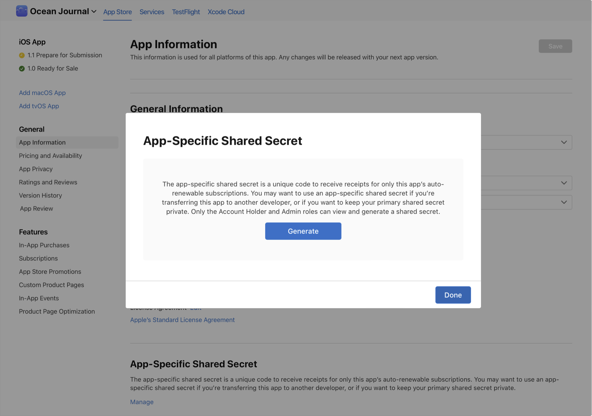 In-app purchase app-specific shared secret